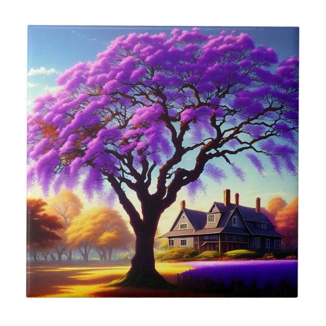 **"Rustic Serenity: The Purple Jacaranda's Embrace Ceramic Tile (Front)
