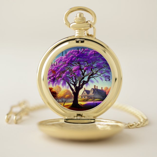 **"Rustic Serenity: The Purple Jacaranda's Embrace Pocket Watch (Inside)