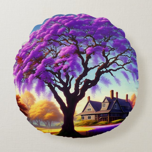 **"Rustic Serenity: The Purple Jacaranda's Embrace Round Pillow (Front)