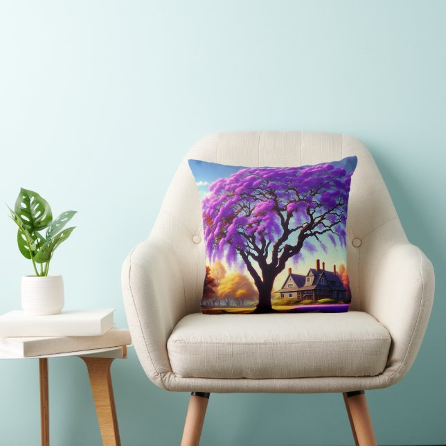 **"Rustic Serenity: The Purple Jacaranda's Embrace Throw Pillow (Chair)