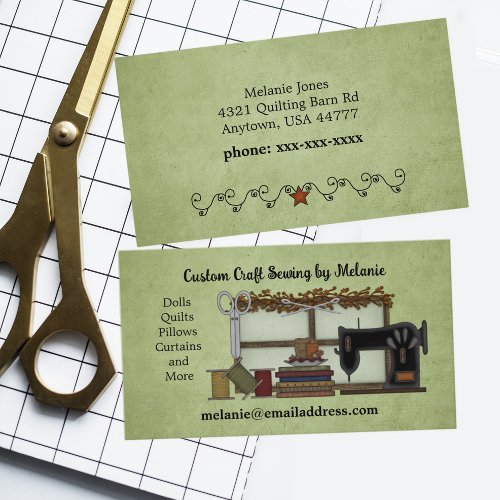 Rustic Sewing Arts on Green Business Card