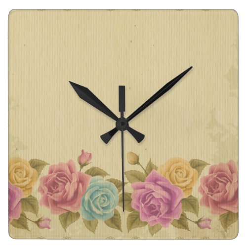 rustic,shabby chic,floral,roses,garland,chic,parch square wall clock