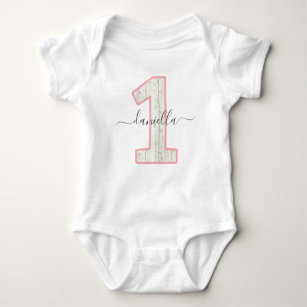 Rustic Shabby Chic Pink Floral Wood 1 One Birthday Baby Bodysuit