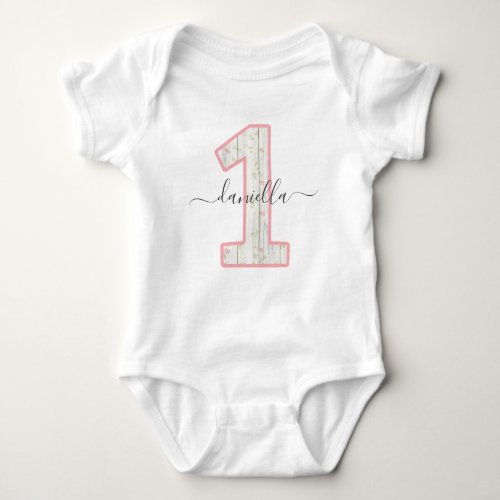 Rustic Shabby Chic Pink Floral Wood 1 One Birthday Baby Bodysuit