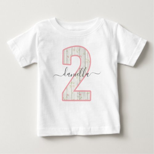 Rustic Shabby Chic Pink Floral Wood 2 Two Birthday Baby T_Shirt