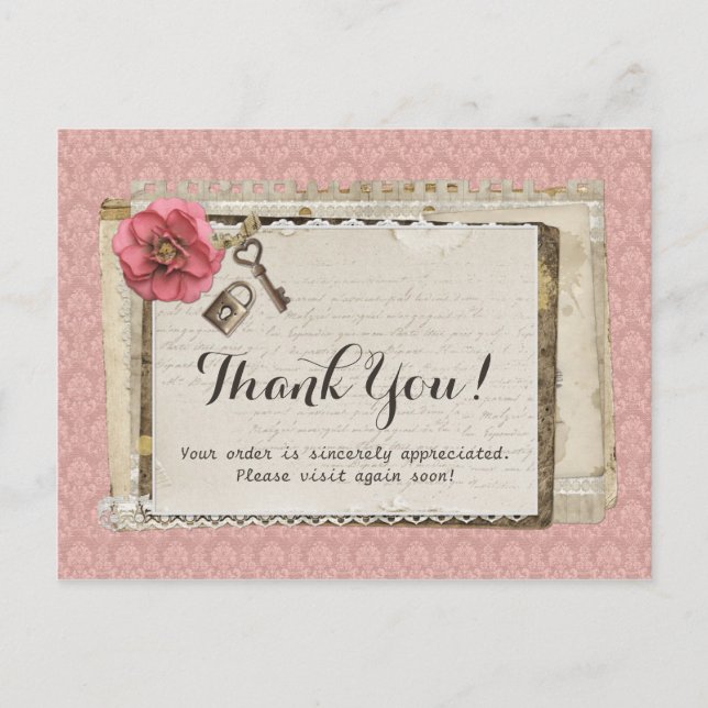 Rustic Shabby Chic Pink Victorian Damask Thank You Postcard (Front)