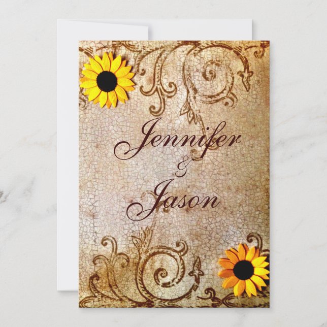 Rustic Shabby Chic Sunflowers Brown Wedding Invitation (Front)