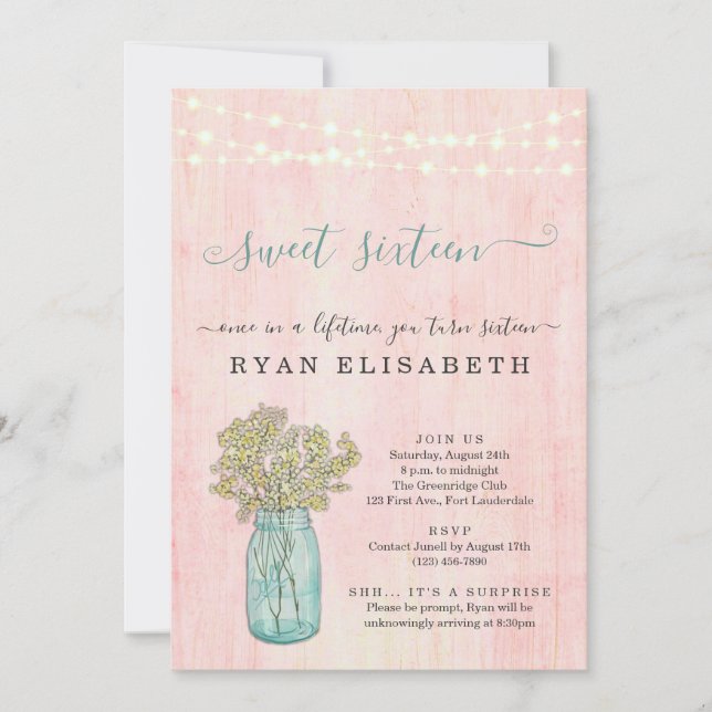 Rustic Shabby Chic Surprise Sweet Sixteen Party In Invitation (Front)
