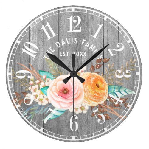 Rustic Shabby Flowers Custom Family Large Clock