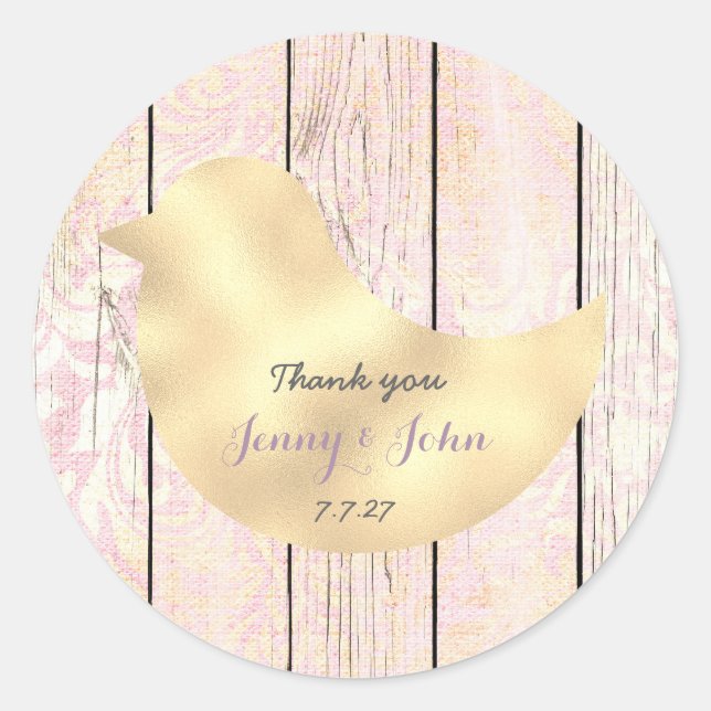 Rustic Shabby Lavender Gold Rose Wedding Thank Classic Round Sticker (Front)