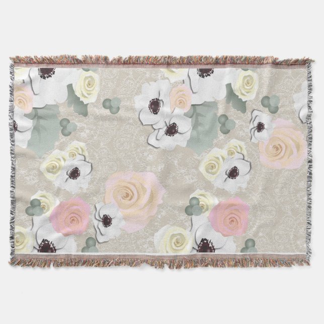Rustic Shabby Rose Anemone Floral Throw Blanket (Front)