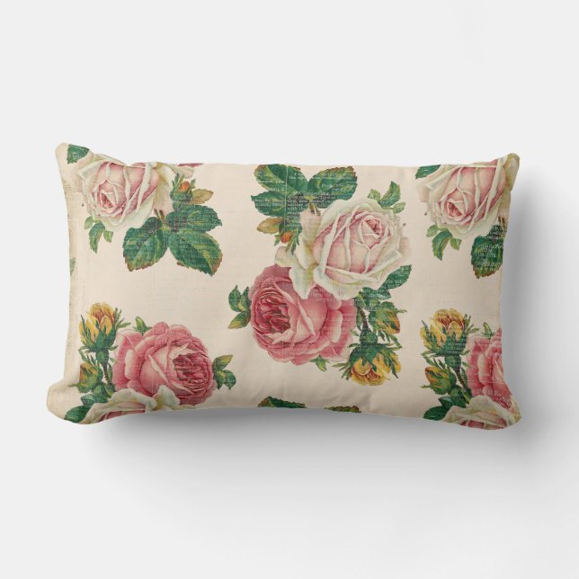 Rustic Shabby Rose Floral Pattern Pink Roses Lumbar Pillow (Front)