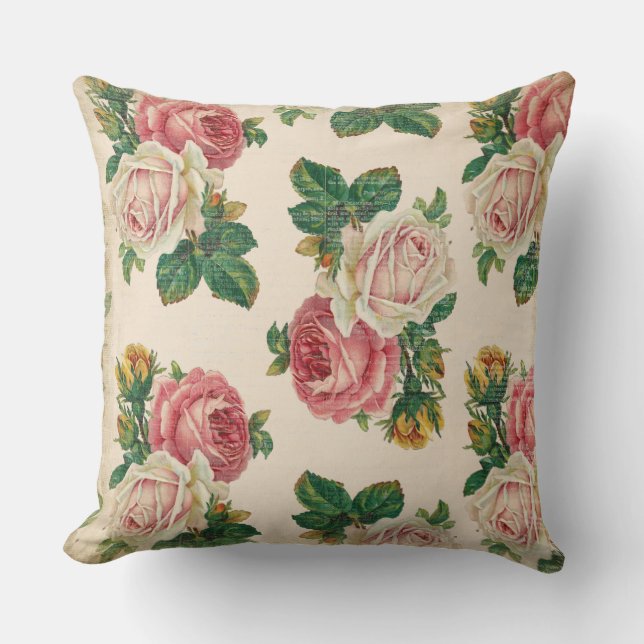 Rustic Shabby Rose Floral Pattern Pink Roses Throw Pillow (Front)
