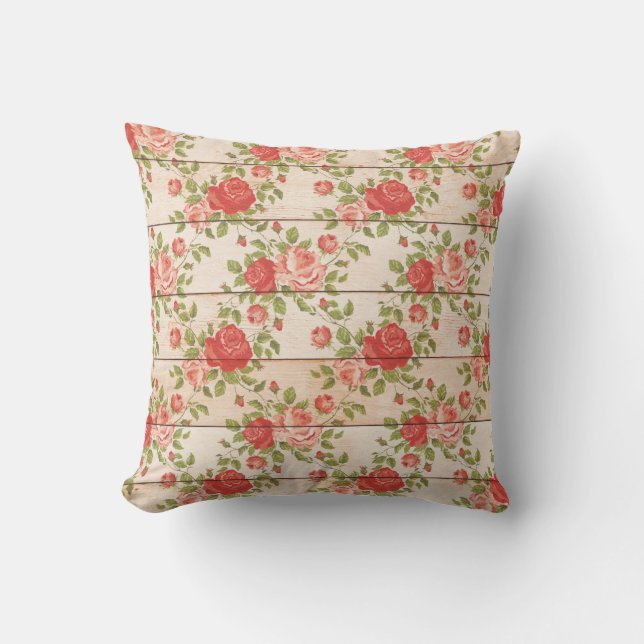 Rustic Shabby Rose Wooden Slats Throw Pillow (Front)