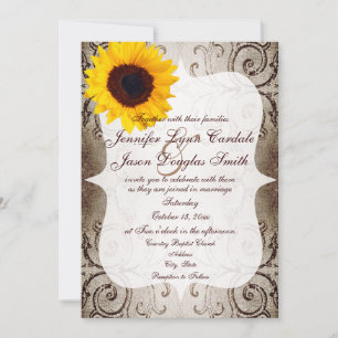 Rustic Shabby Sunflower Swirls Wedding Invitation