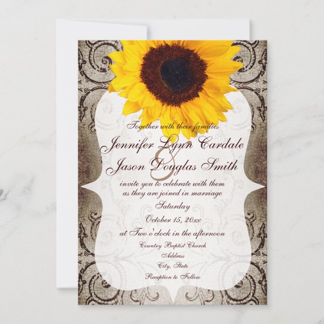 Rustic Shabby Sunflower Swirls Wedding Invitation (Front)