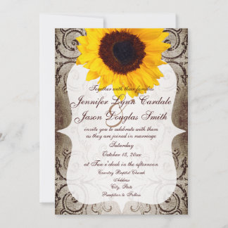 Rustic Shabby Sunflower Swirls Wedding Invitation