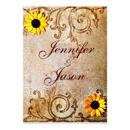 Rustic Shabby Sunflowers Chic Brown Wedding Card