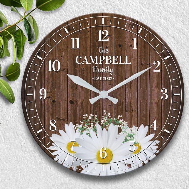 Rustic Shasta Daisy and Wood Family Name Large Clock (Creator Uploaded)