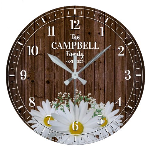 Rustic Shasta Daisy and Wood Family Name Large Clock