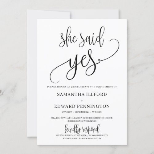 Rustic she said yes modern callygraphy engagement invitation