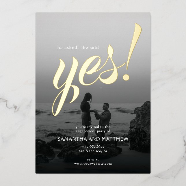 Rustic She Said Yes Photo Engagement Party Gold Foil Invitation (Front)