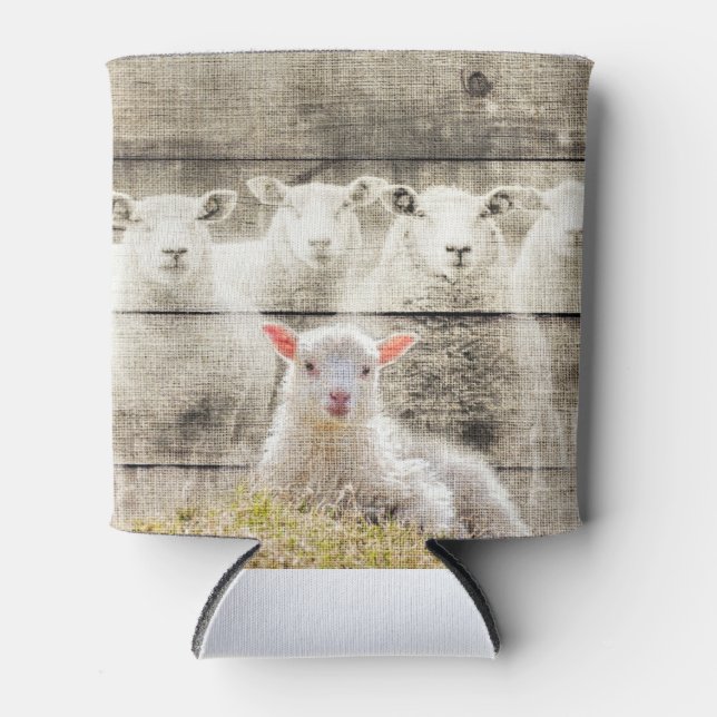 Rustic Sheep Baby Lamb Burlap Can Cooler (Front)