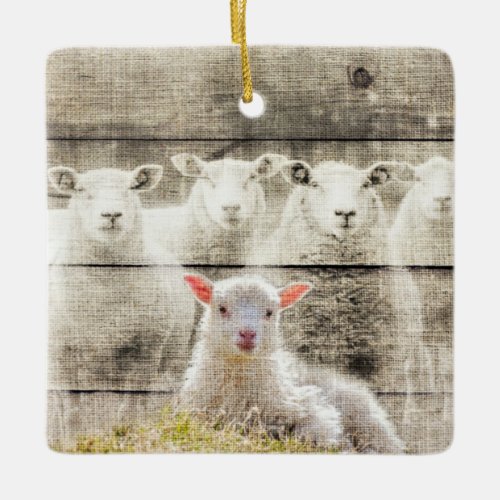 Rustic Sheep Baby Lamb Burlap Ceramic Ornament