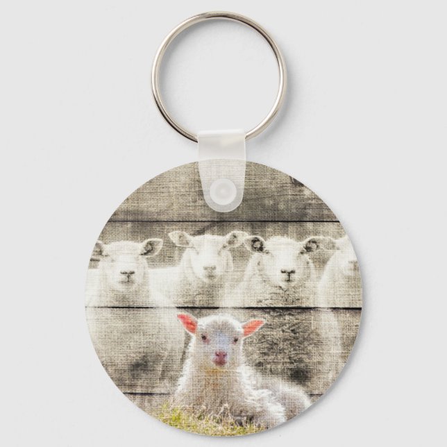 Rustic Sheep Baby Lamb Burlap Keychain (Front)