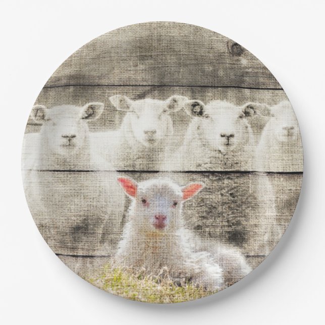 Rustic Sheep Baby Lamb Burlap Paper Plates (Front)