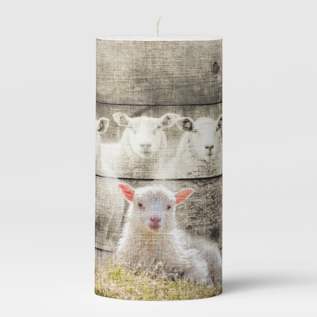 Rustic Sheep Baby Lamb Burlap Pillar Candle (Front)
