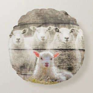 Rustic Sheep Baby Lamb Burlap Round Pillow