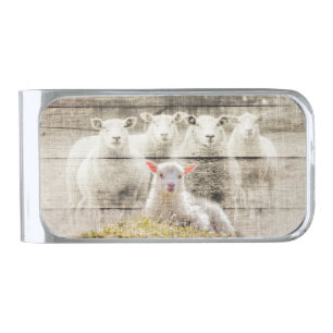 Rustic Sheep Baby Lamb Burlap Silver Finish Money Clip