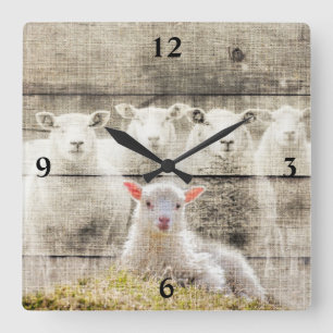 Rustic Sheep Baby Lamb Burlap Square Wall Clock