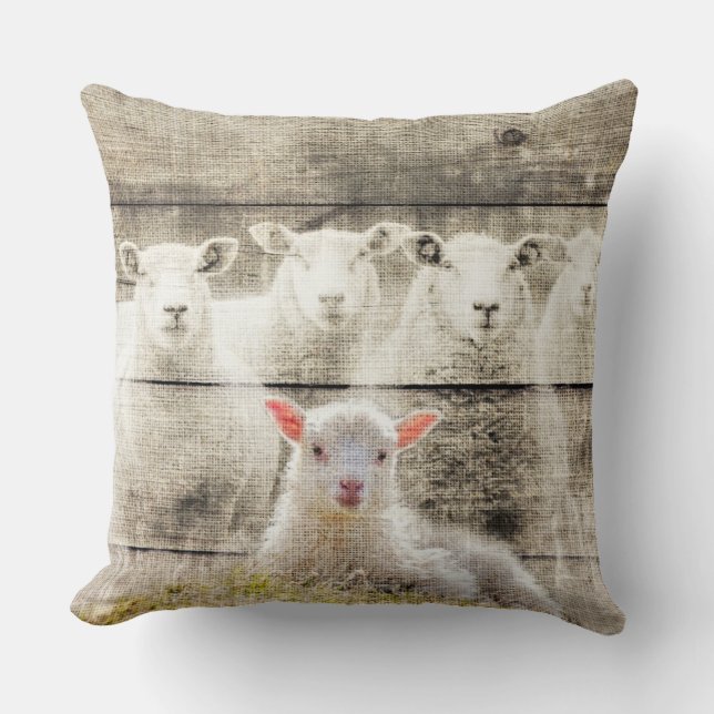 Rustic Sheep Baby Lamb Burlap Throw Pillow (Front)
