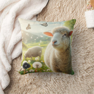 Rustic sheep family monogrammed country throw pillow
