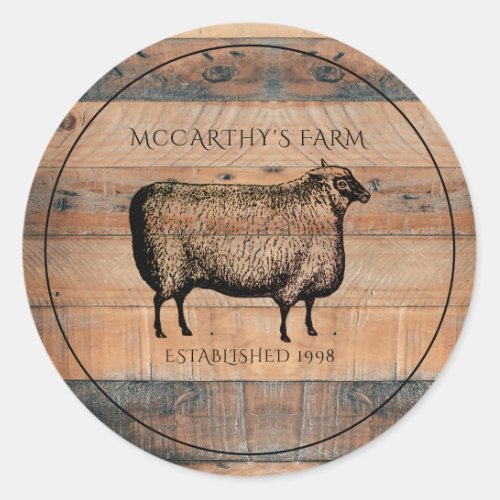 Rustic Sheep Shiplap Barn Wood Custom Farm Logo  Classic Round Sticker