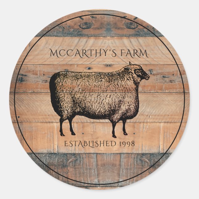 Rustic Sheep Shiplap Barn Wood Custom Farm Logo  Classic Round Sticker (Front)