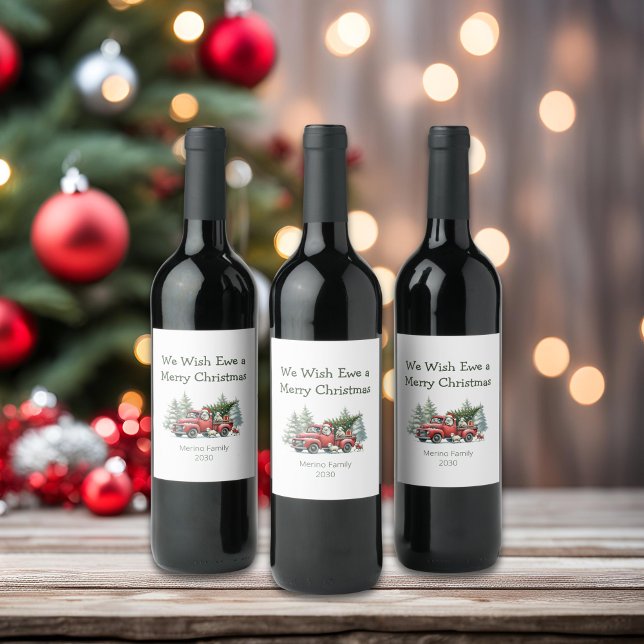 Rustic Sheep Vintage Red Truck Wine Label (We wish ewe a merry christmas vintage red truck wine label)