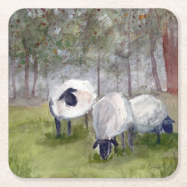 Rustic Sheep Watercolor Square Paper Coaster