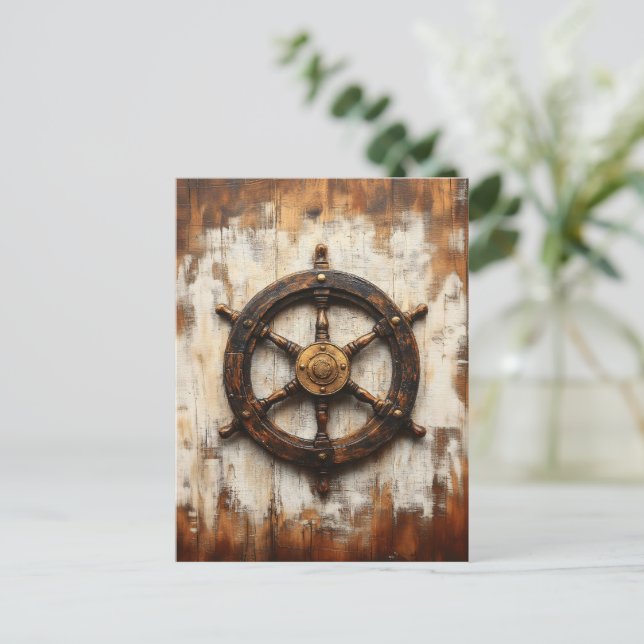 Rustic Ship Wheel Helm Nautical Postcard (Standing Front)