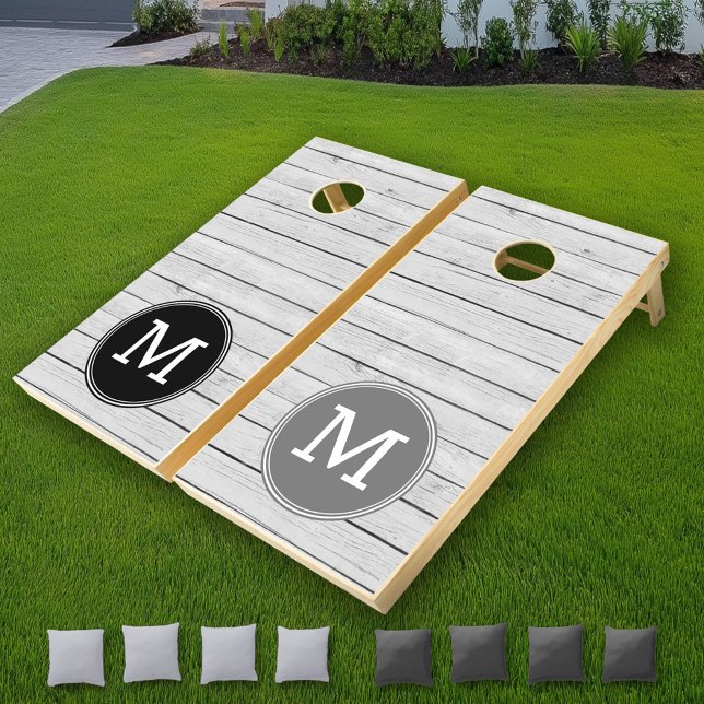 Rustic Shiplap Wood with Black Gray Monogram Cornhole Set (Custom Cornhole)