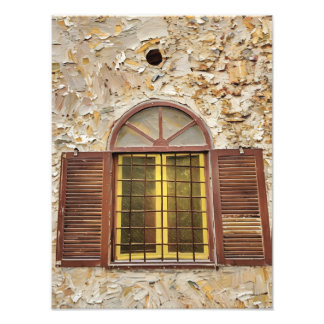 Rustic Shuttered Window on Textured Stone Wall Photo Print