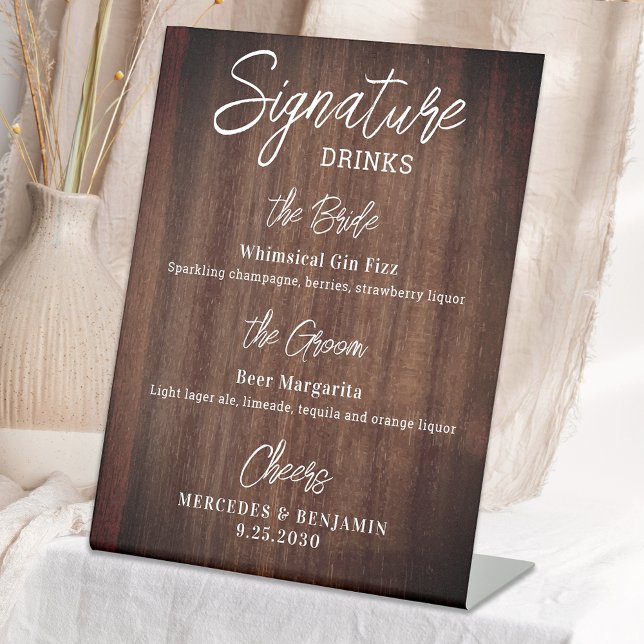 Rustic Signature Drinks Personalized Wedding Bar Pedestal Sign (Creator Uploaded)