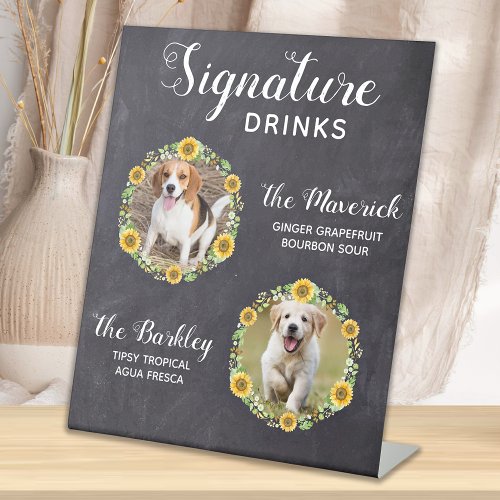 Rustic Signature Drinks Sunflower Dog Pet Wedding Pedestal Sign