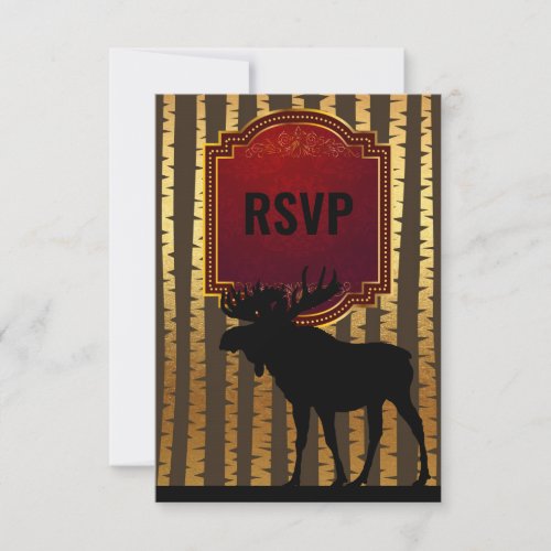 Rustic Silhouette Moose Gold Aspen Trees Wedding RSVP Card