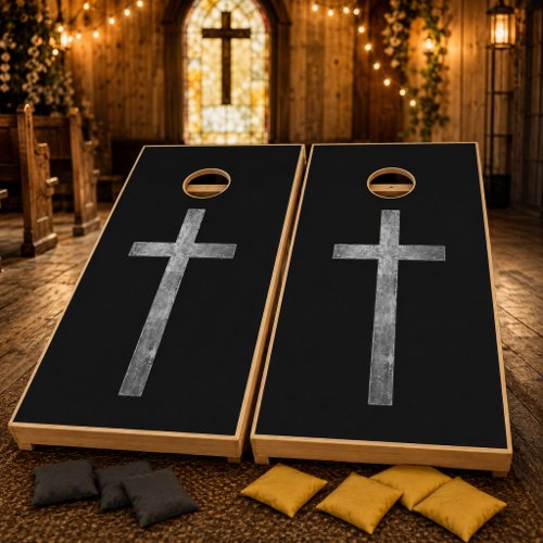 Rustic Silver and Black Christian Cross Cornhole Set