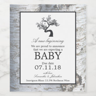 Rustic Silver Birch Tree Baby Announcement Wine Label