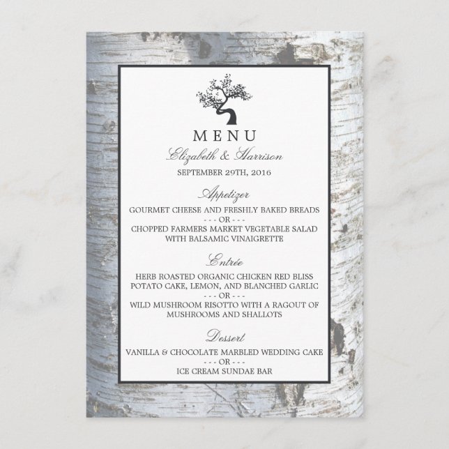 Rustic Silver Birch Tree Wedding Menu (Front)