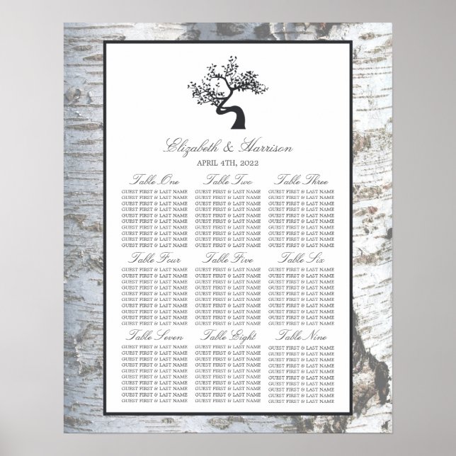 Rustic Silver Birch Tree Wedding Seating Chart (Front)